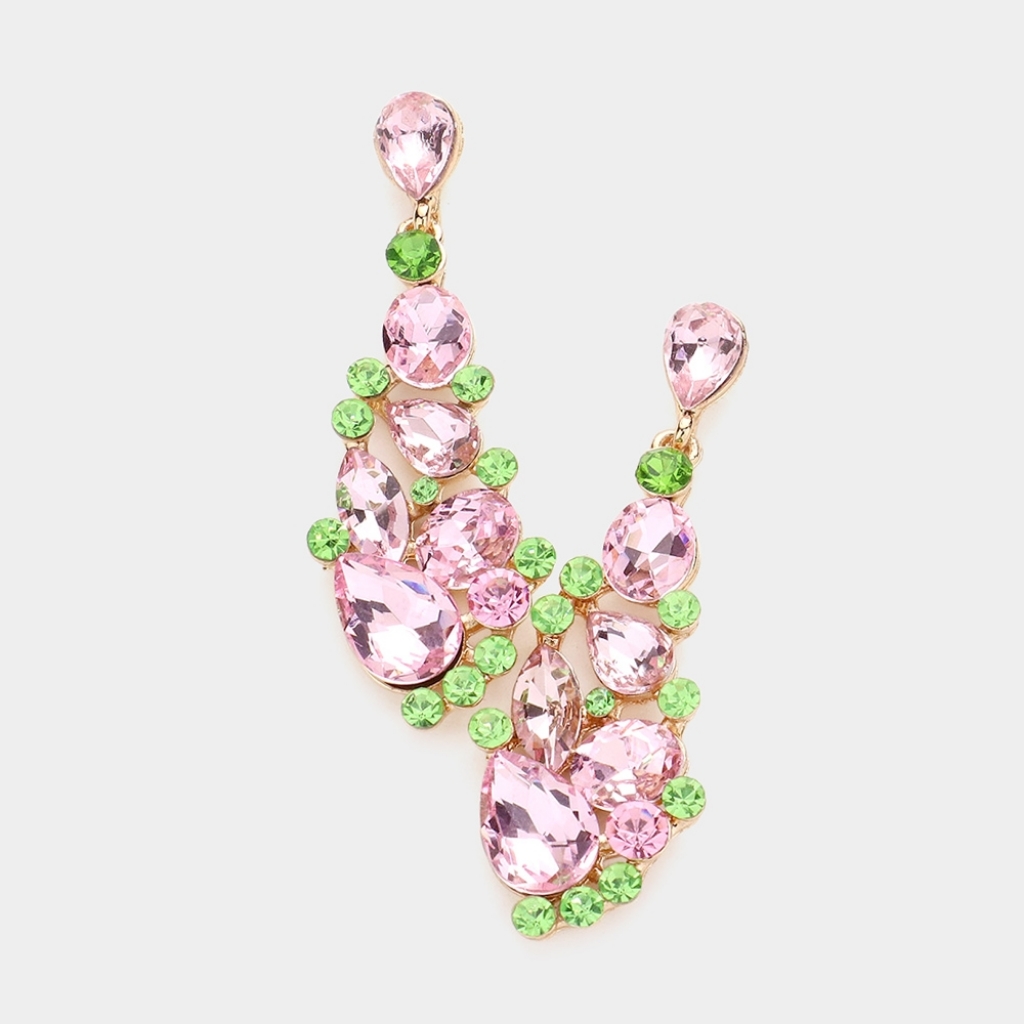 Pink Green Cluster Teardrop Crystal Dangle Earrings Fashion Statement Accessory 28$